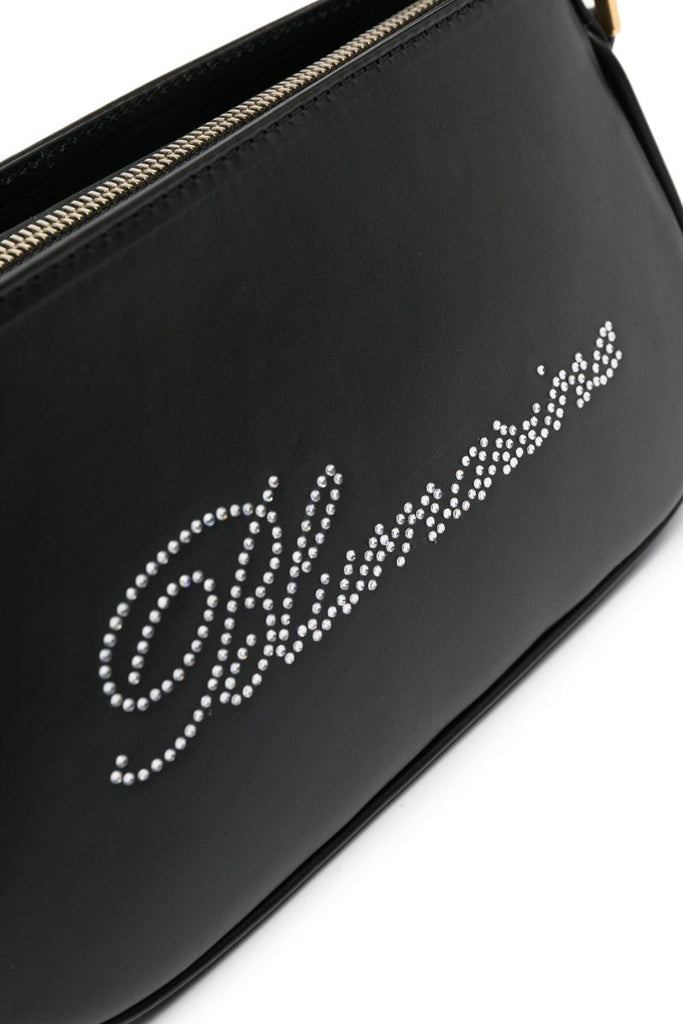 Black Rhinestone Logo Leather Shoulder Bag