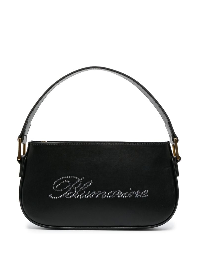 Black Rhinestone Logo Leather Shoulder Bag