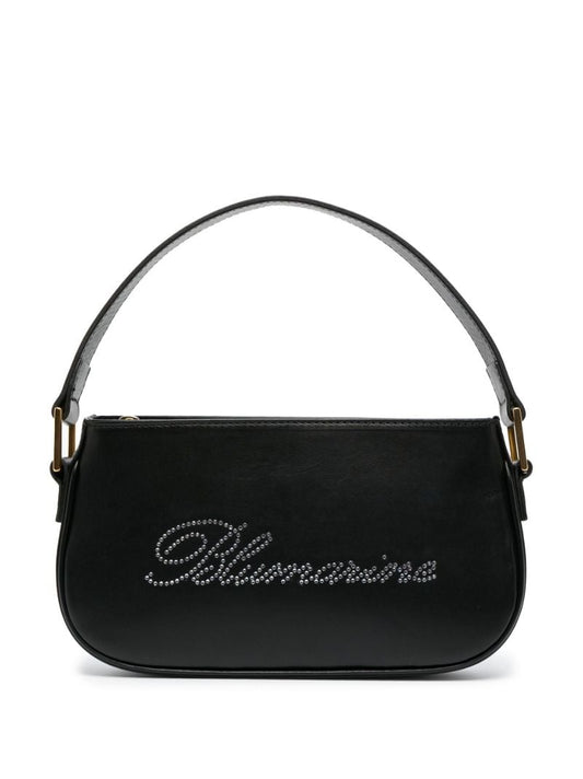 Black Rhinestone Logo Leather Shoulder Bag