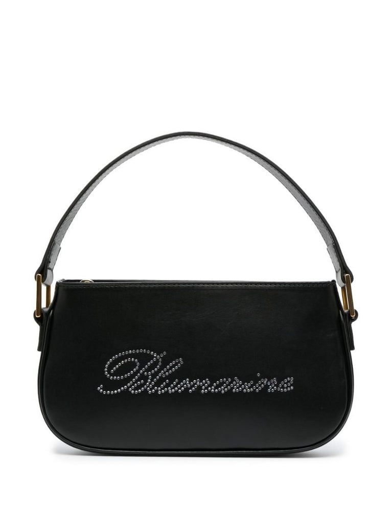 Black Rhinestone Logo Leather Shoulder Bag