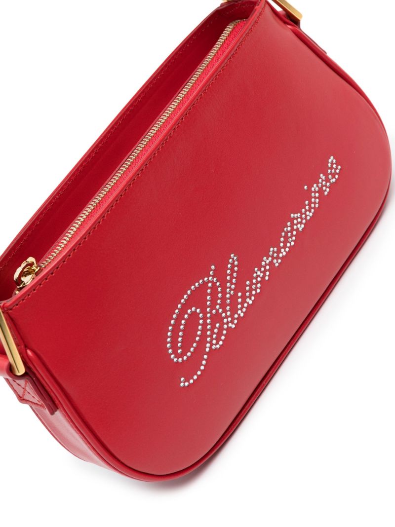 Red Rhinestone Logo Leather Shoulder Bag