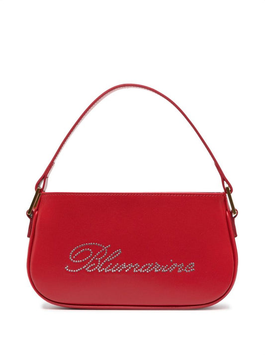Red Rhinestone Logo Leather Shoulder Bag