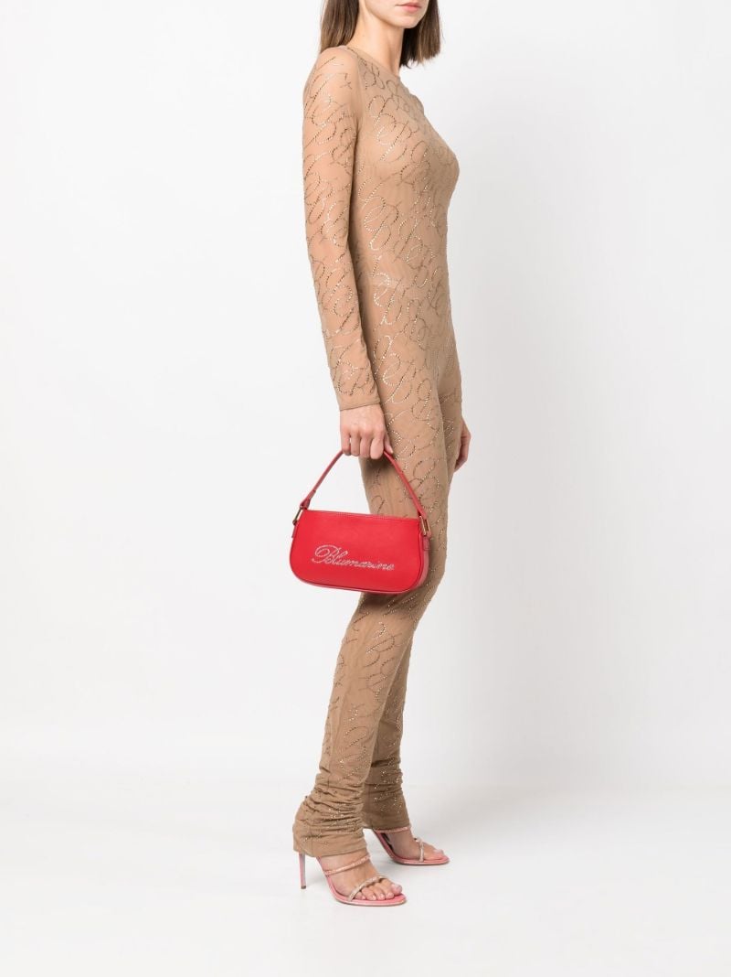 Red Rhinestone Logo Leather Shoulder Bag