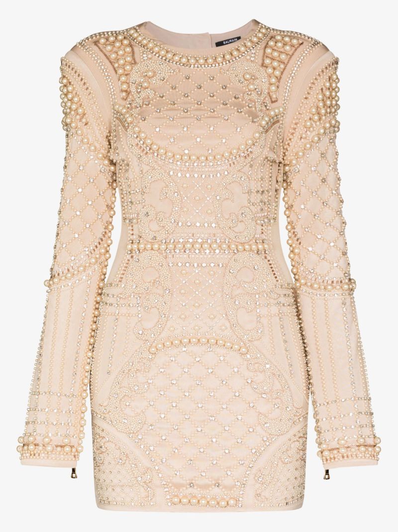 Neutral Faux Pearl Embellished Mini Dress
