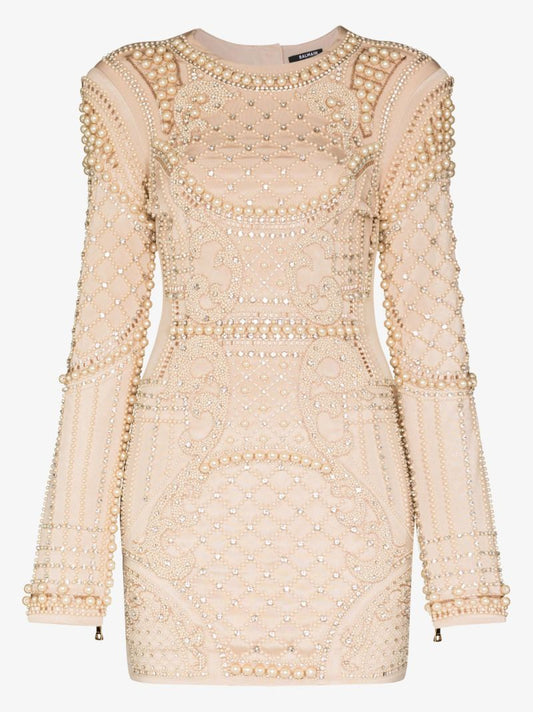Neutral Faux Pearl Embellished Mini Dress