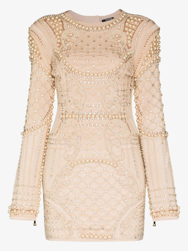 Neutral Faux Pearl Embellished Mini Dress