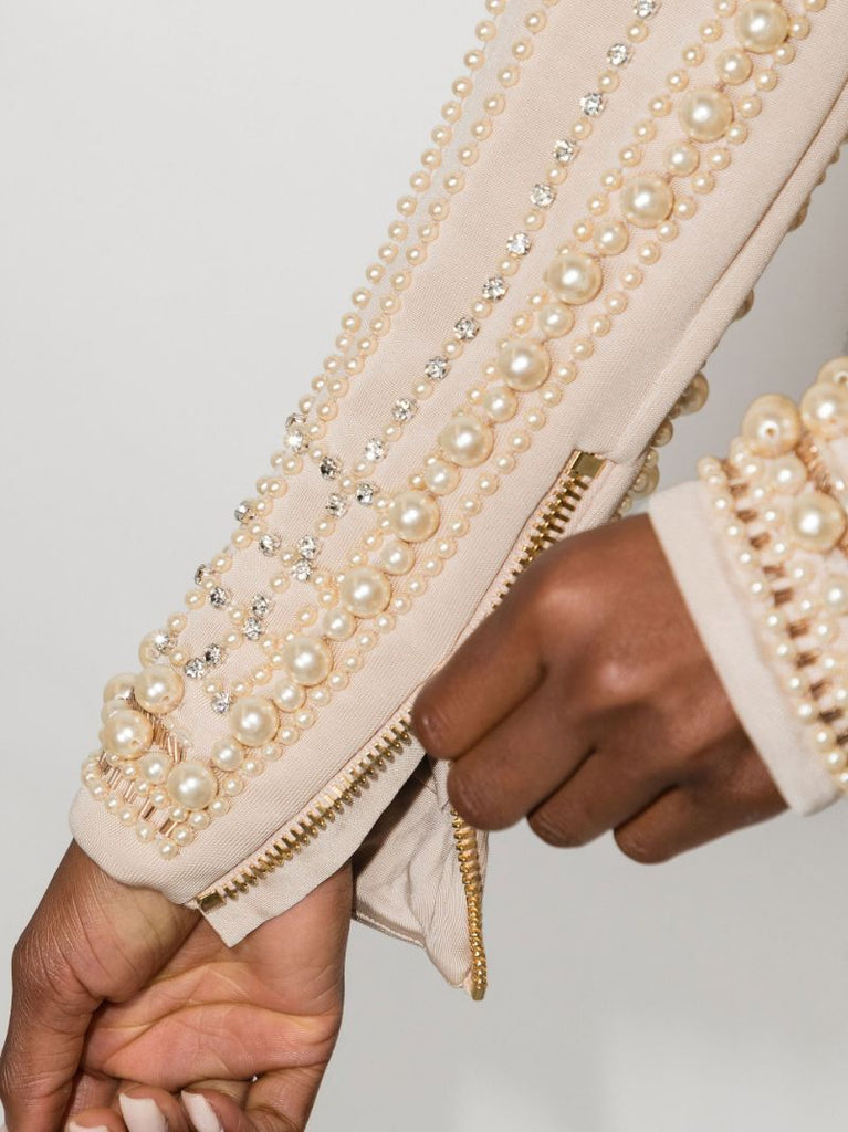 Neutral Faux Pearl Embellished Mini Dress