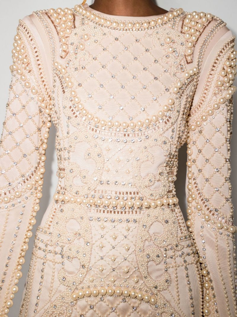 Neutral Faux Pearl Embellished Mini Dress