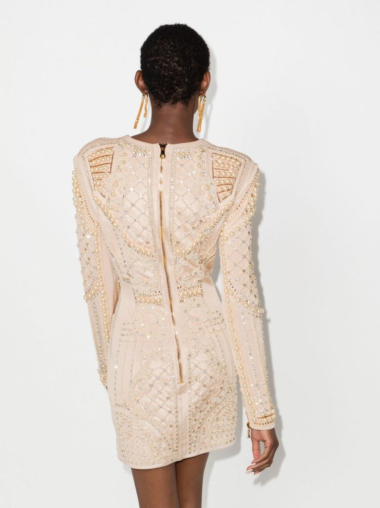 Neutral Faux Pearl Embellished Mini Dress
