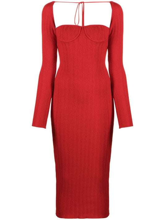 Red Off-the-shoulder Ribbed Midi Dress