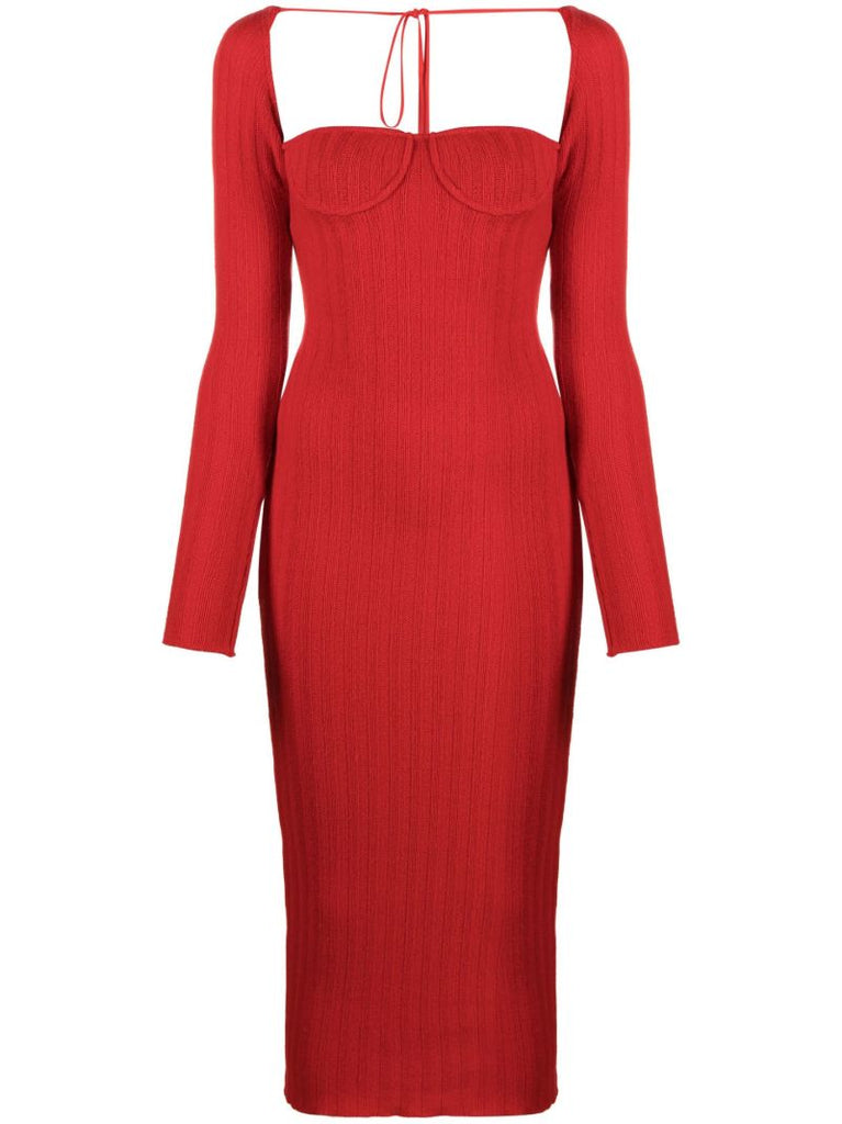 Red Off-the-shoulder Ribbed Midi Dress