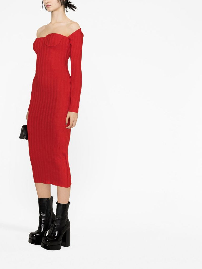 Red Off-the-shoulder Ribbed Midi Dress