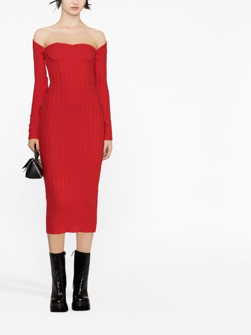 Red Off-the-shoulder Ribbed Midi Dress