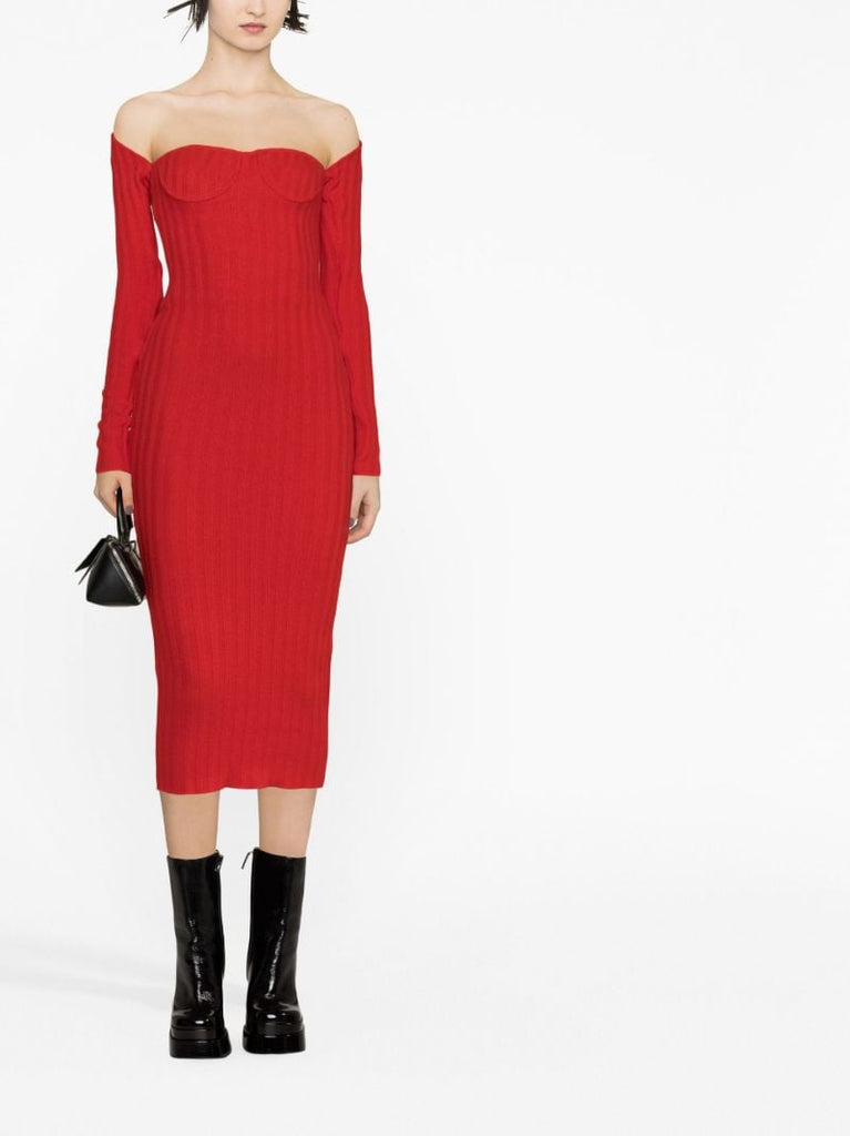 Red Off-the-shoulder Ribbed Midi Dress