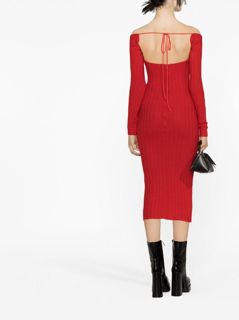 Red Off-the-shoulder Ribbed Midi Dress
