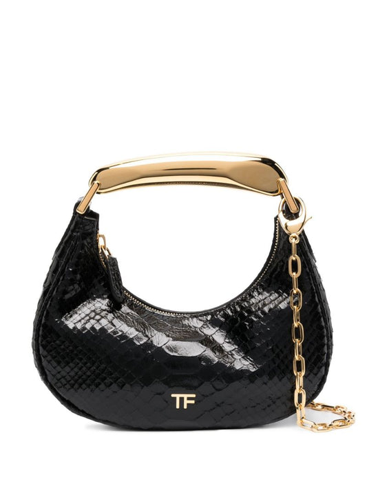 Black Snake-effect Leather Shoulder Bag