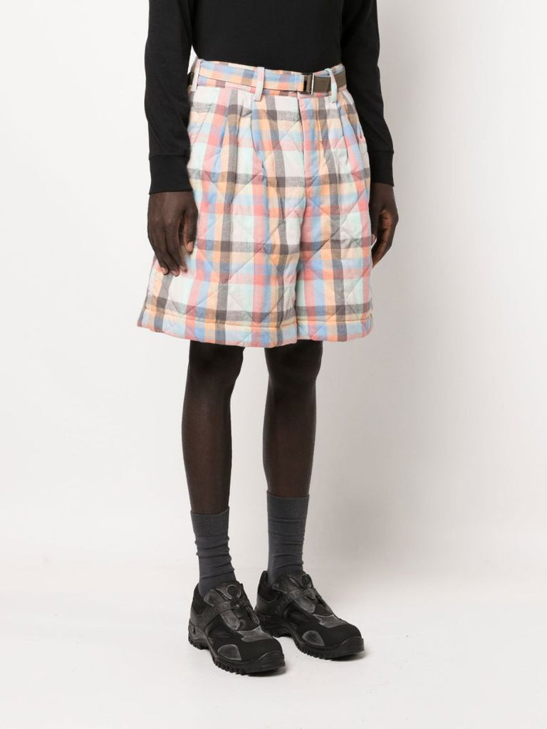 Blue Check Print Belted Shorts