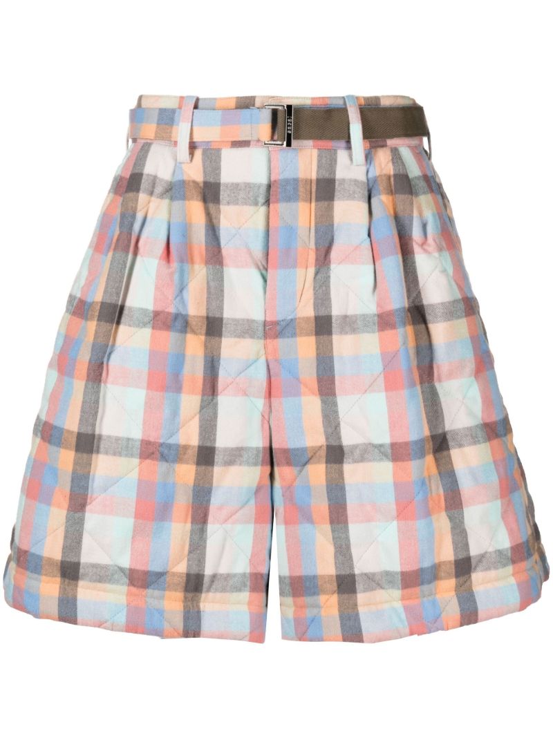 Blue Check Print Belted Shorts