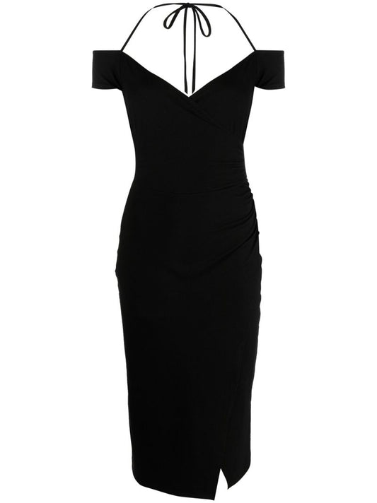 Black Kirah Halterneck Off-the-shoulder Midi Dress