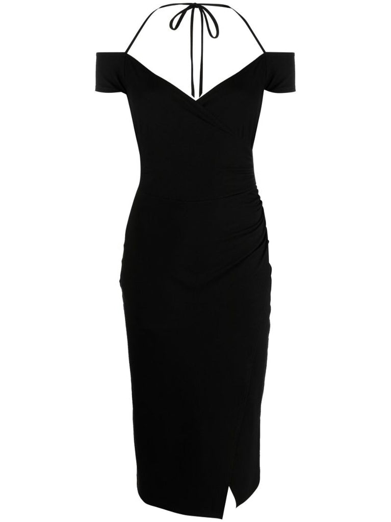 Black Kirah Halterneck Off-the-shoulder Midi Dress