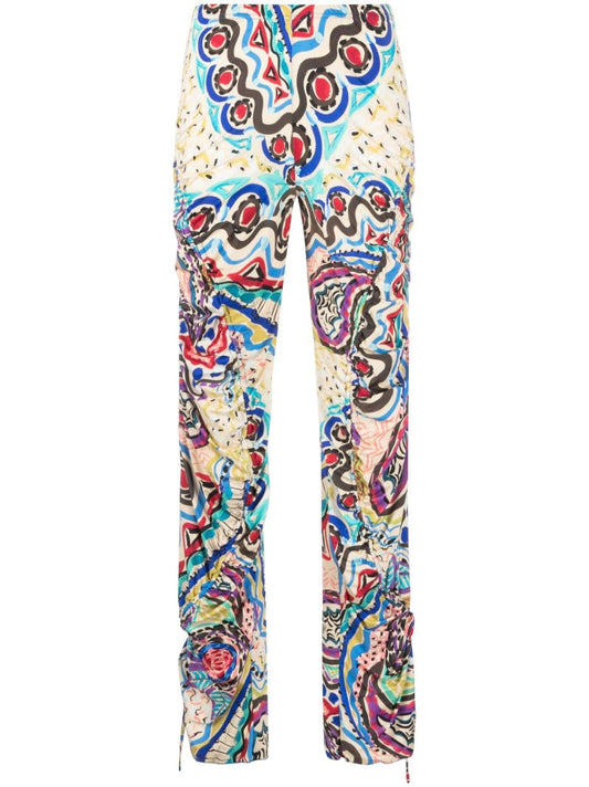 Blue Abstract Print Ruched Trousers