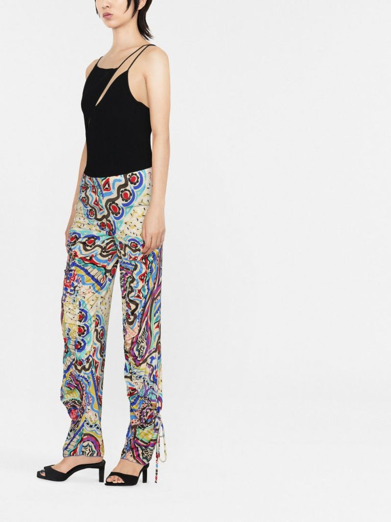 Blue Abstract Print Ruched Trousers