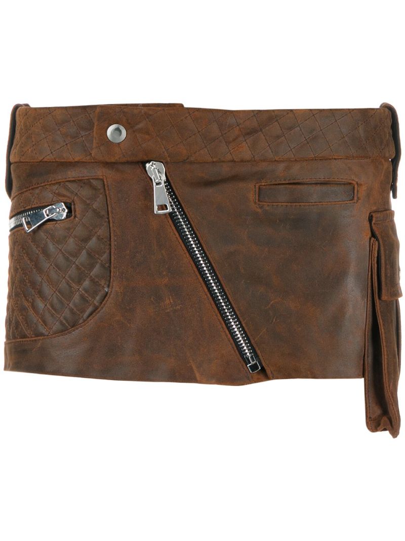 Brown Moto Leather Mini Skirt