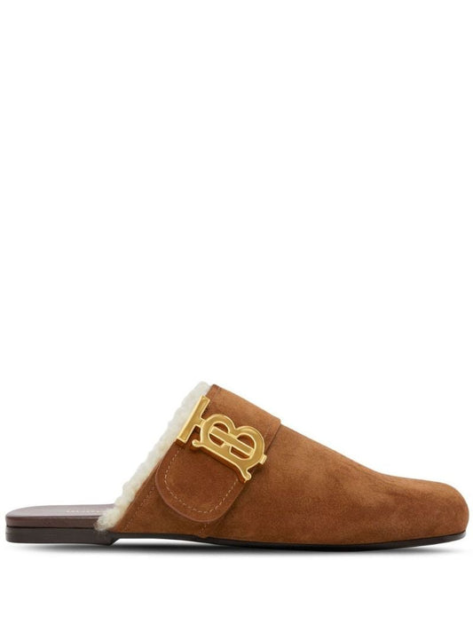 Brown Logo Shearling-lined Suede Mules