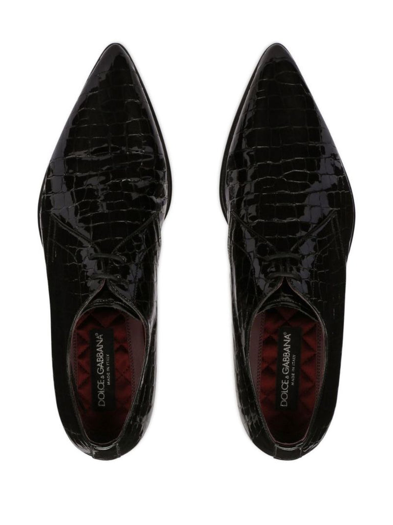 Black Crocodile Print Leather Derby Shoes