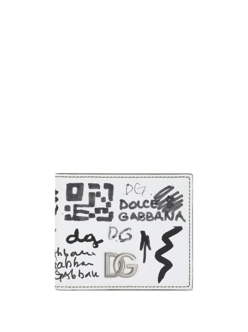 White Graffiti Print Leather Bifold Wallet