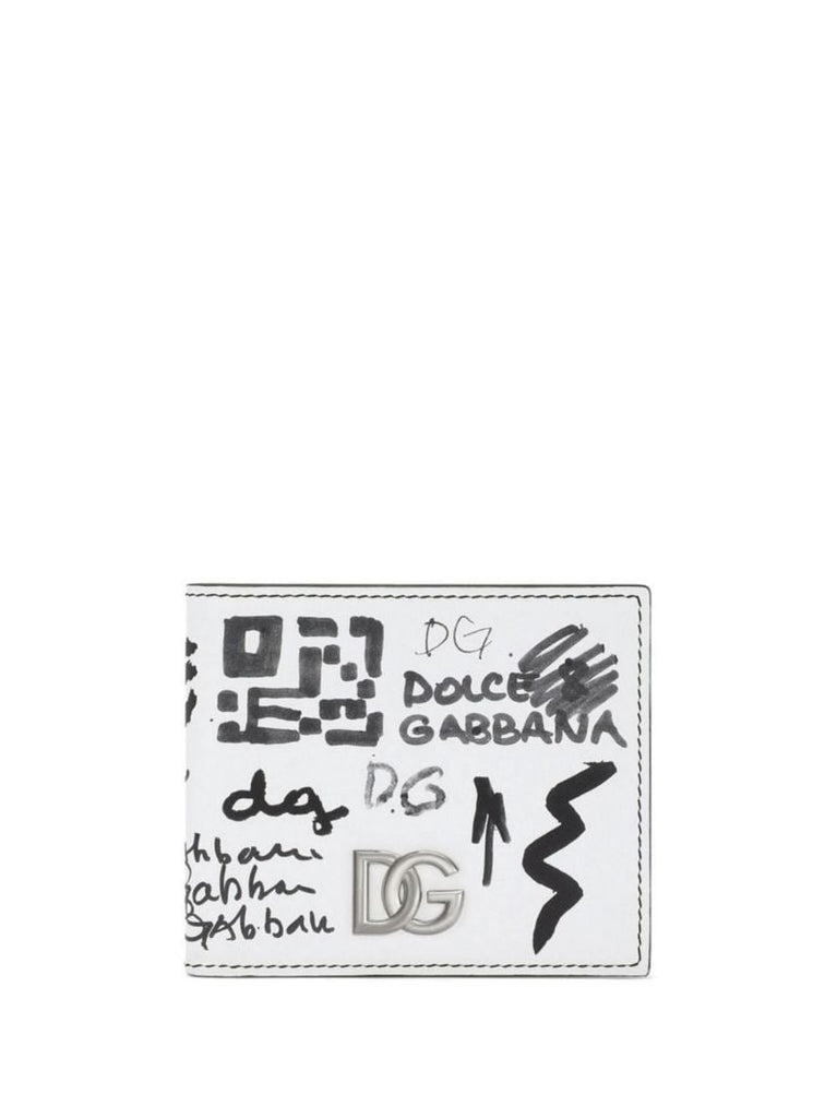 White Graffiti Print Leather Bifold Wallet