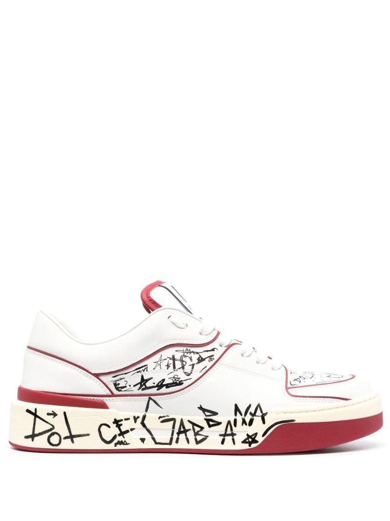 White New Roma Graffiti Print Leather Sneakers
