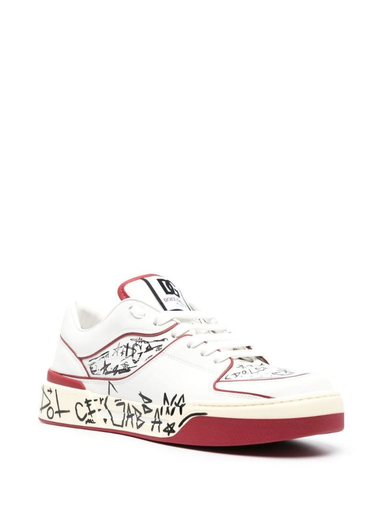 White New Roma Graffiti Print Leather Sneakers