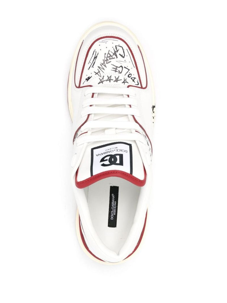 White New Roma Graffiti Print Leather Sneakers
