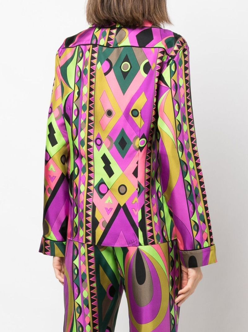 Green Rombi Print Long Sleeve Silk Shirt
