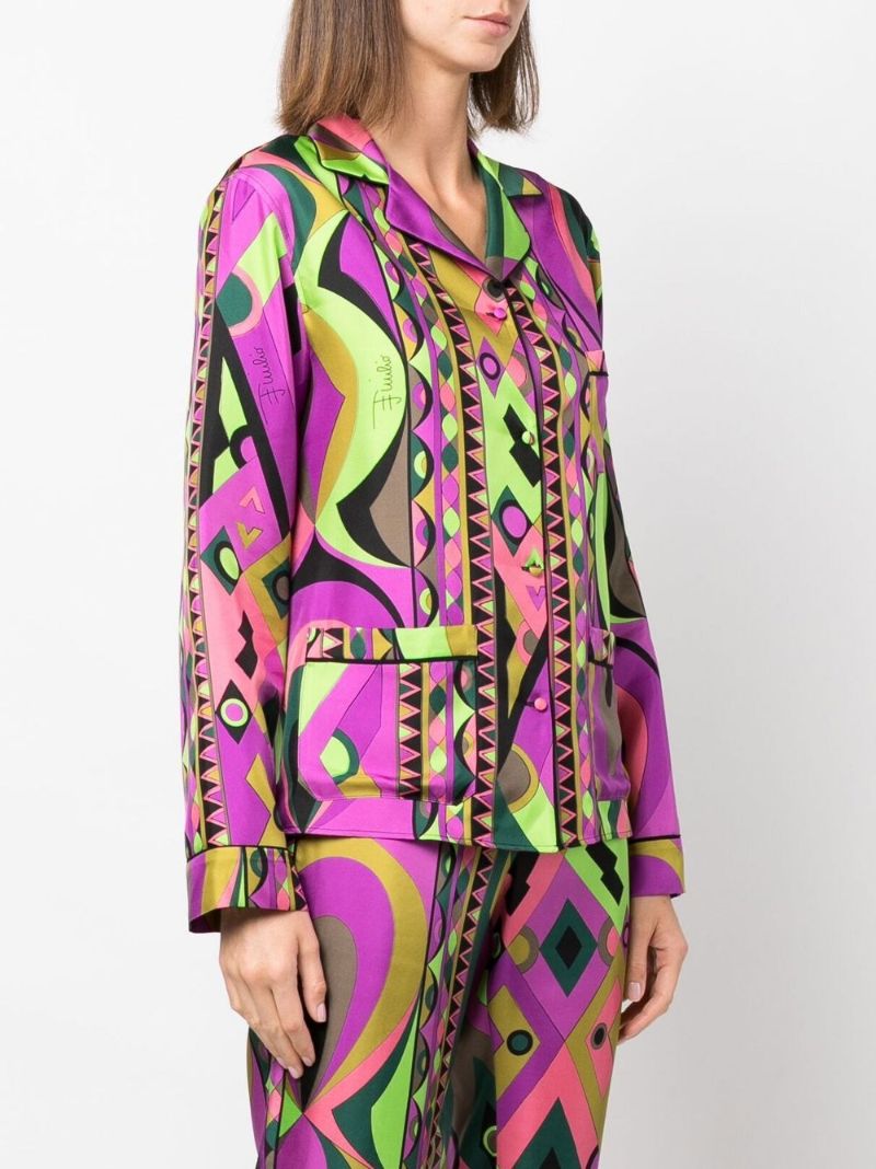 Green Rombi Print Long Sleeve Silk Shirt