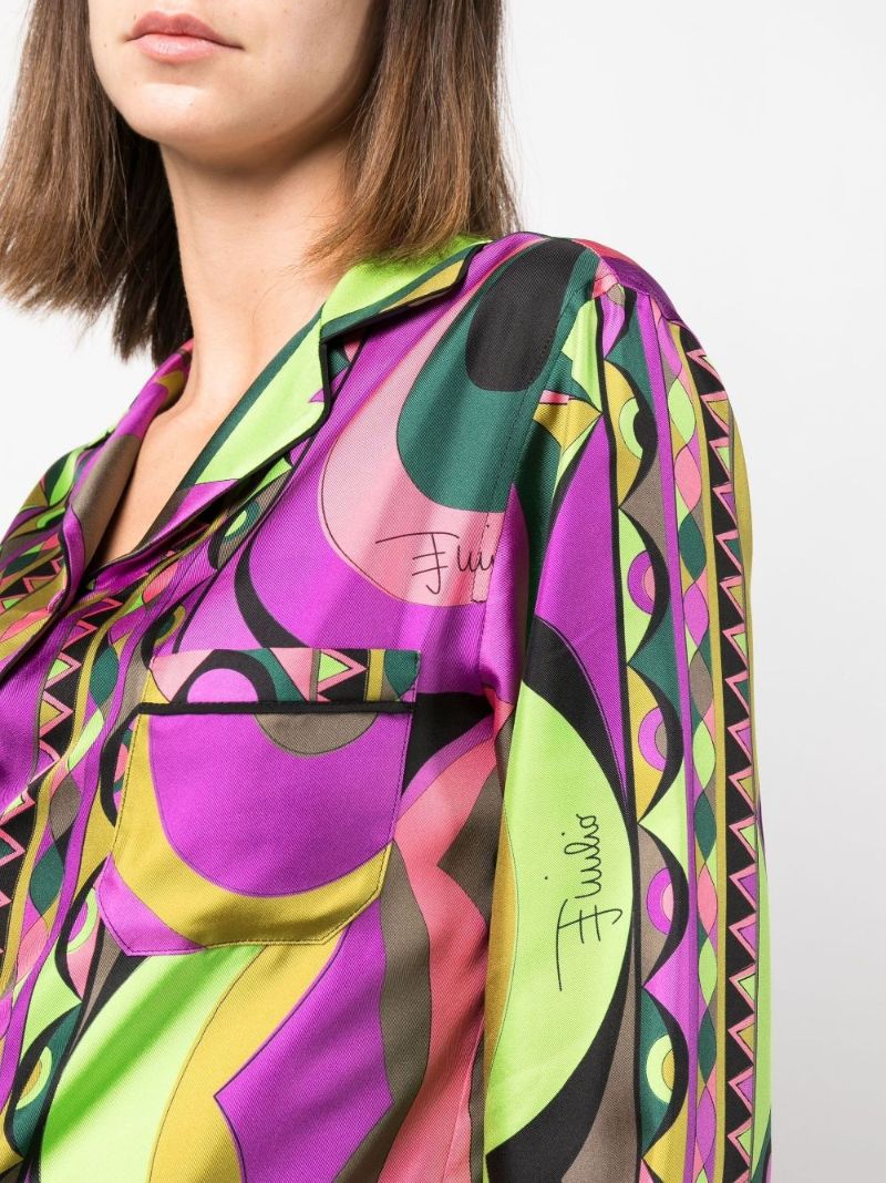 Green Rombi Print Long Sleeve Silk Shirt