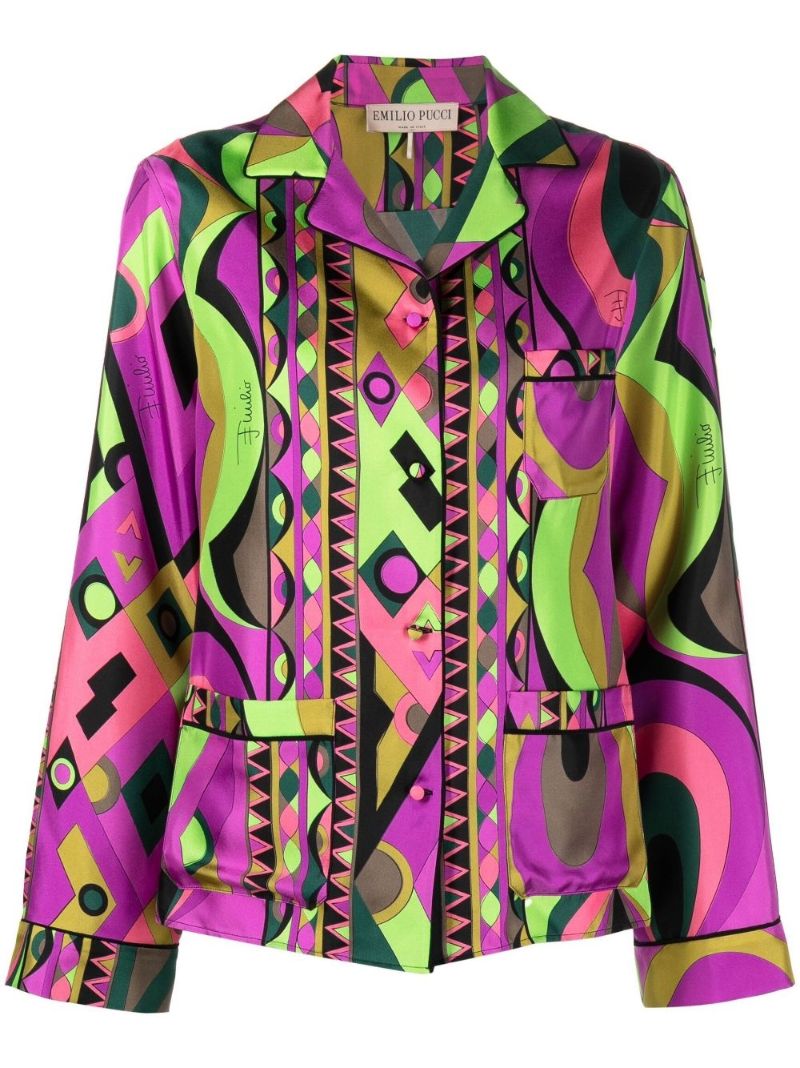 Green Rombi Print Long Sleeve Silk Shirt