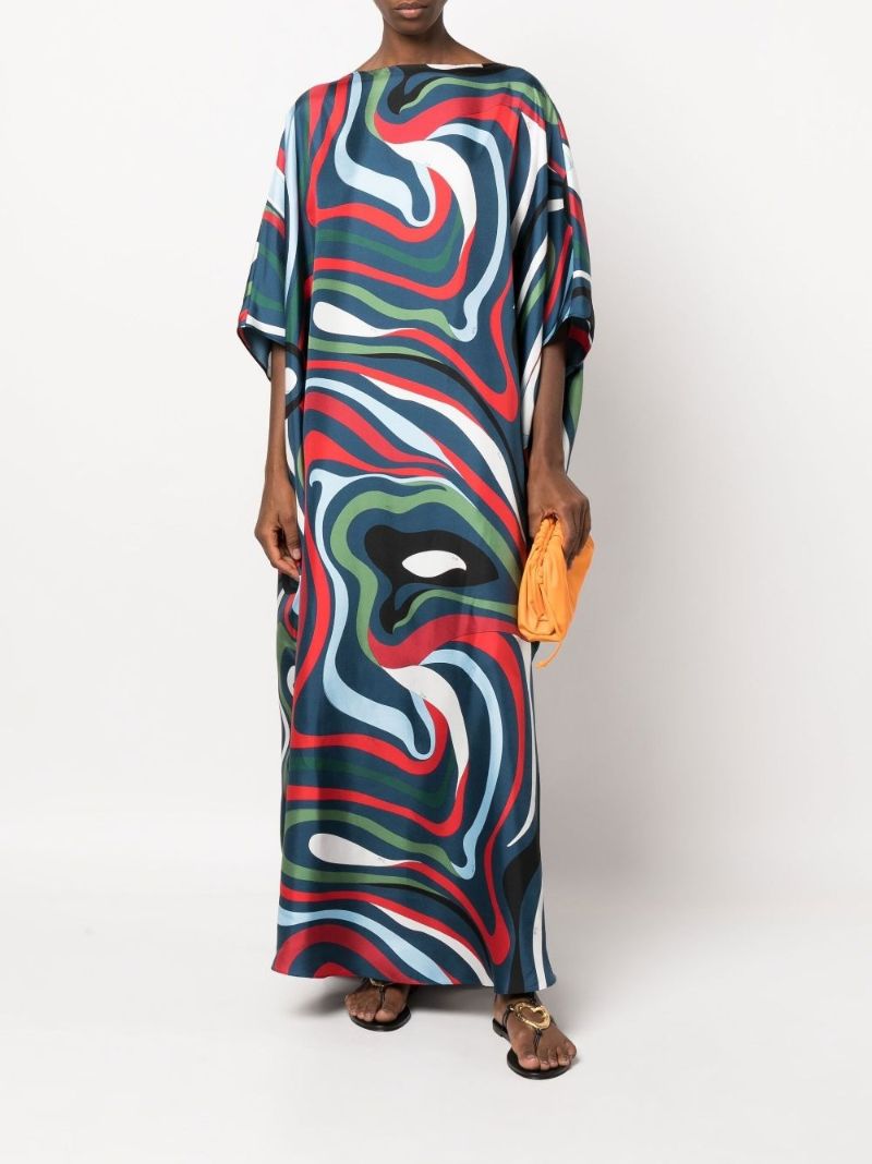 Blue Marmo Print Silk Kaftan Dress