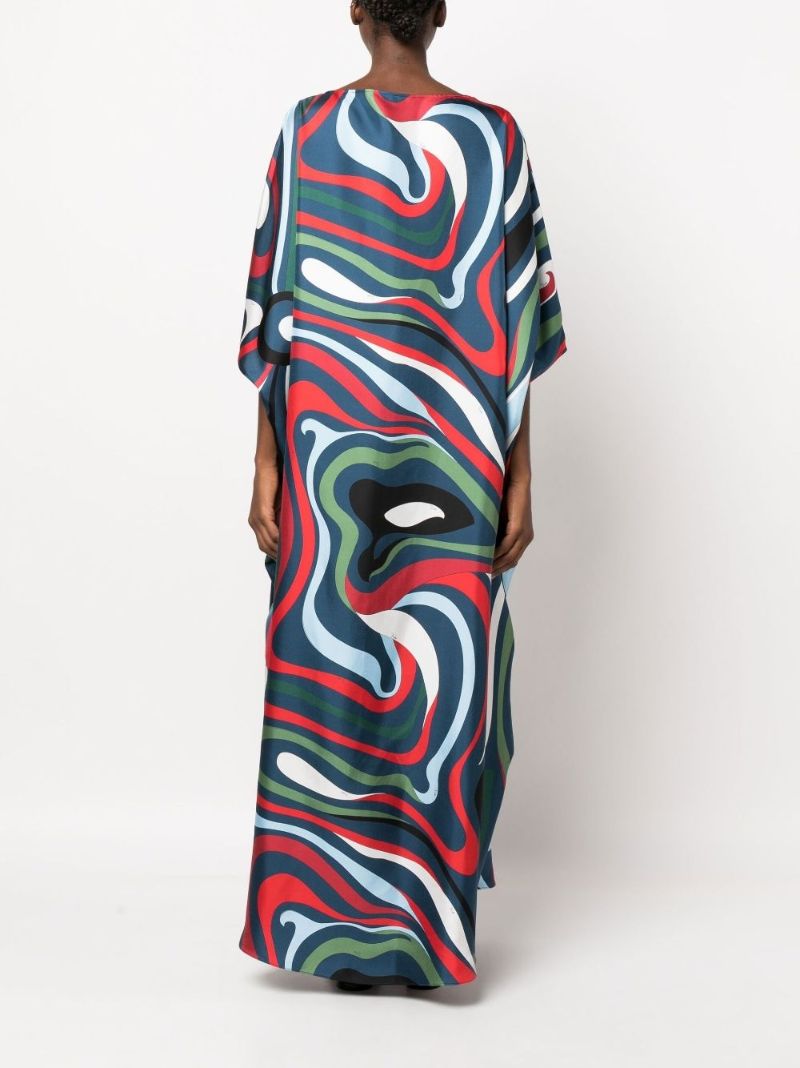 Blue Marmo Print Silk Kaftan Dress