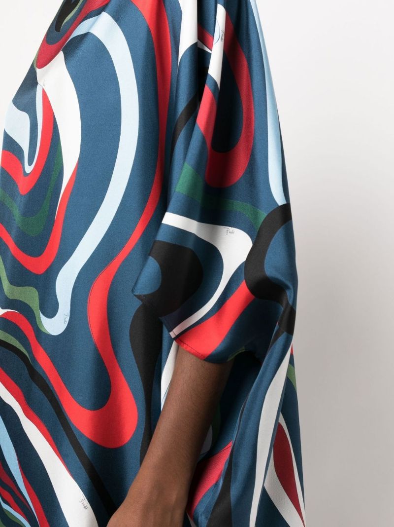 Blue Marmo Print Silk Kaftan Dress