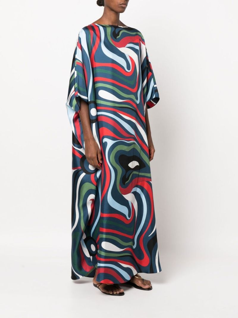 Blue Marmo Print Silk Kaftan Dress