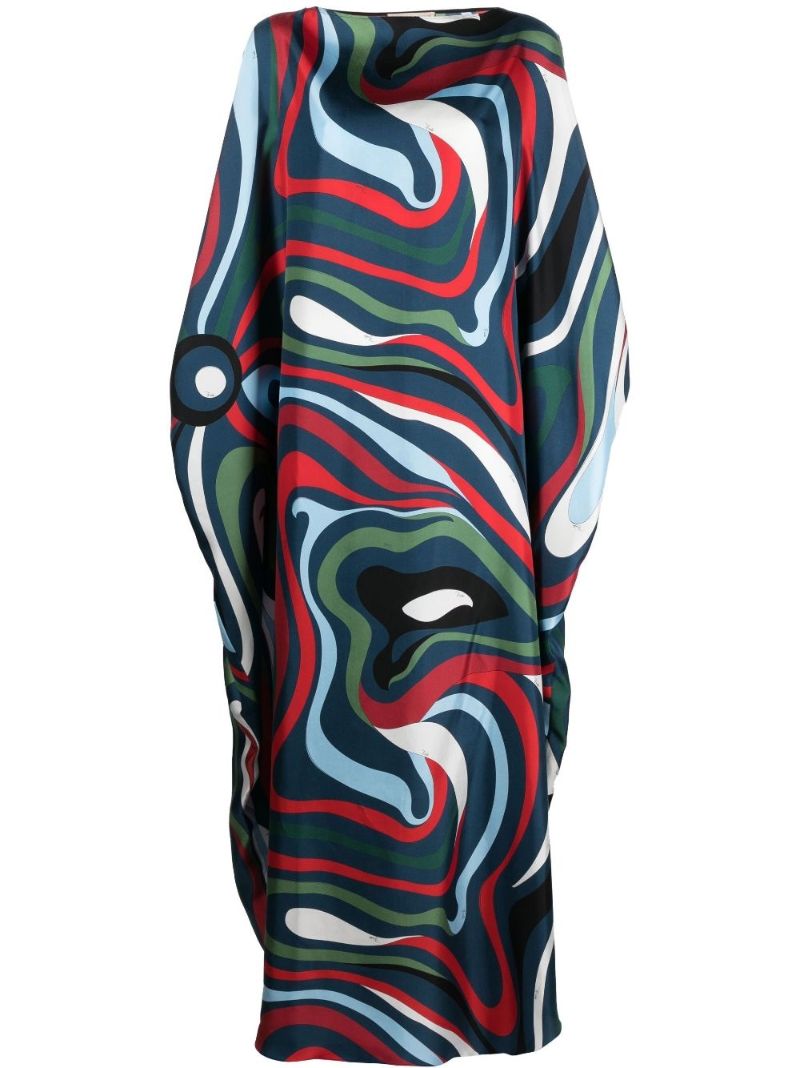 Blue Marmo Print Silk Kaftan Dress