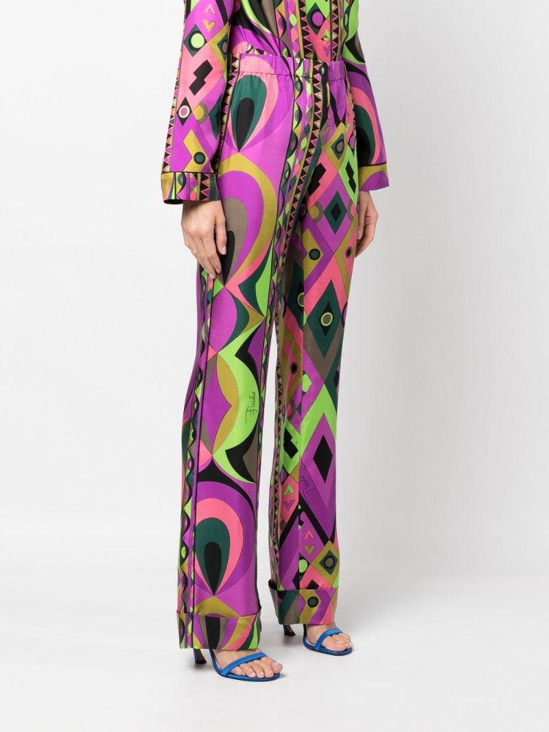 Green Rombi Print High-waisted Silk Trousers