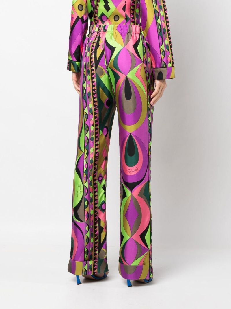Green Rombi Print High-waisted Silk Trousers