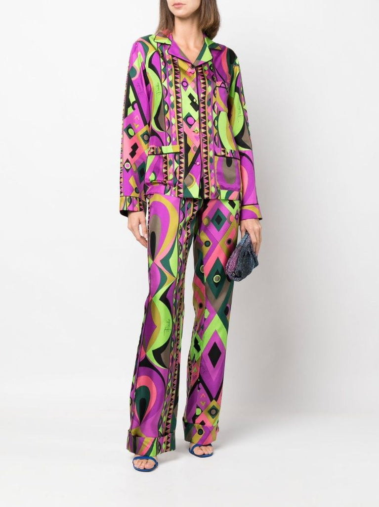 Green Rombi Print High-waisted Silk Trousers