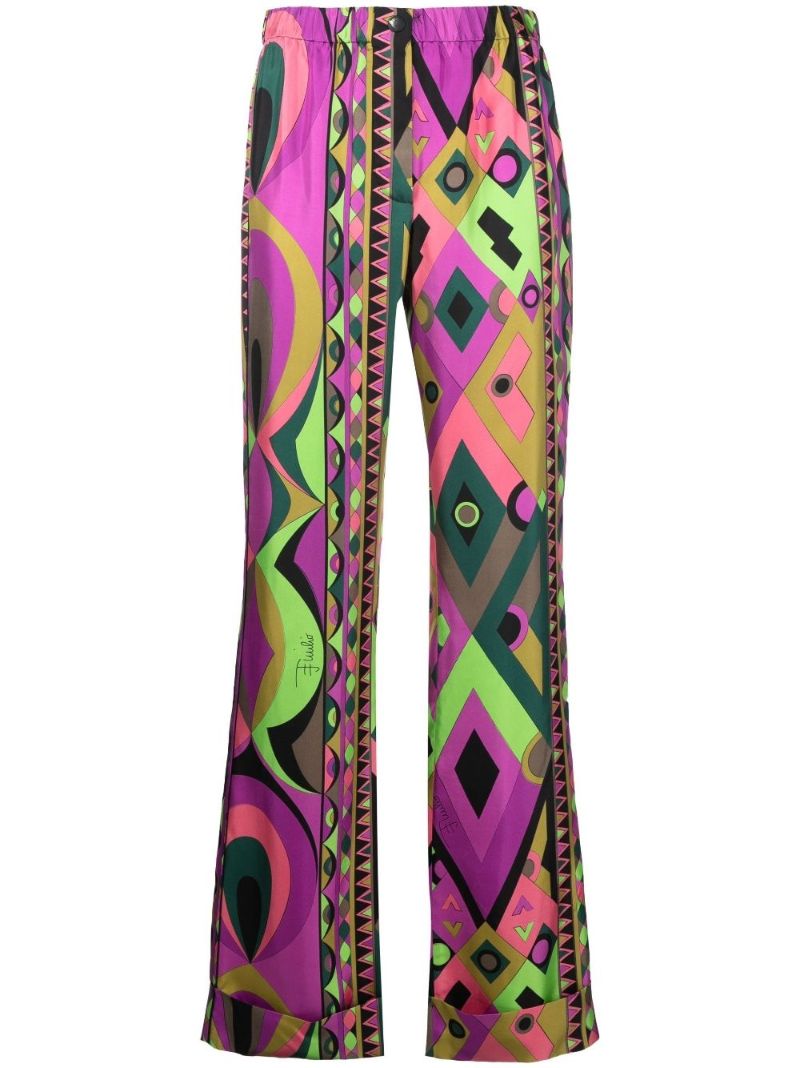 Green Rombi Print High-waisted Silk Trousers