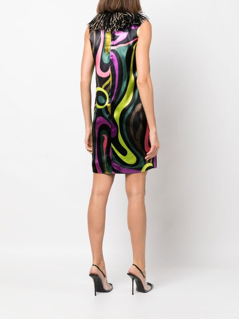 Green Marmo Print Fringe-trimmed Mini Dress