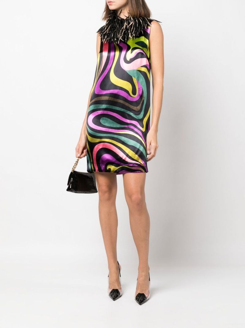 Green Marmo Print Fringe-trimmed Mini Dress