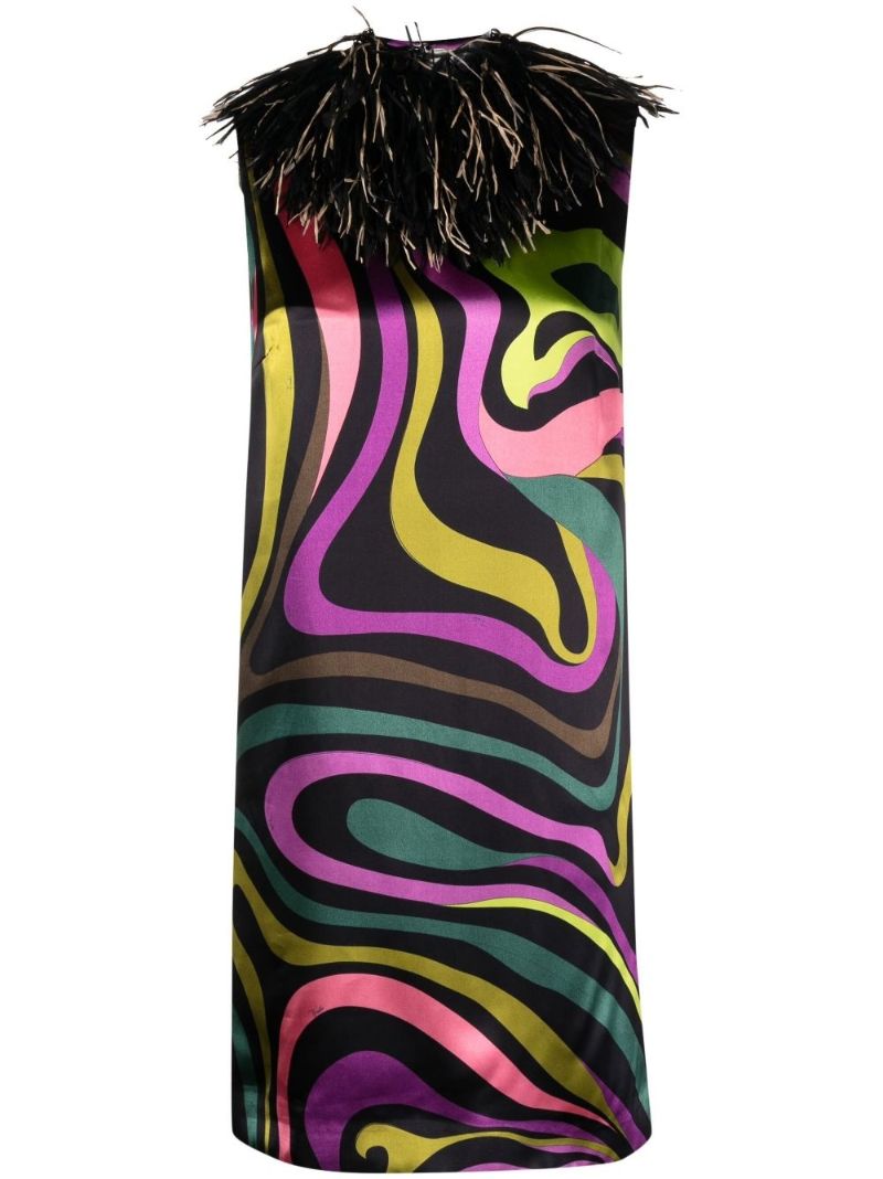 Green Marmo Print Fringe-trimmed Mini Dress